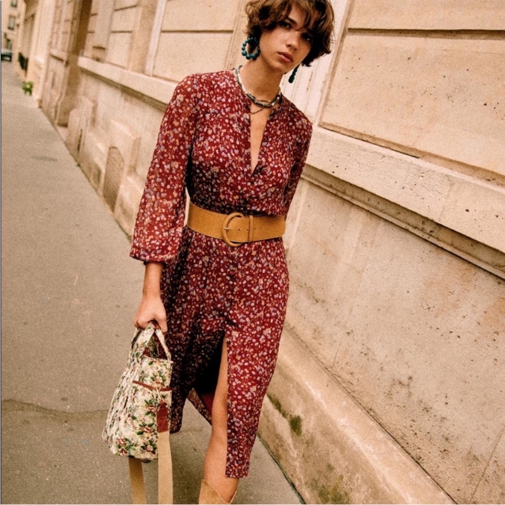 Sezane Burgundy Floral Midi Dress with Mustard Belt